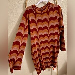 KNIT ROUND NECKLINE BELL SLEEVE GEOMETRIC MINI DRESS CURVE & PLUS